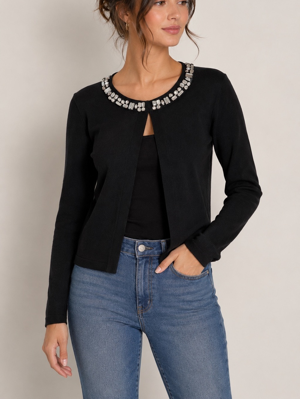 Banana Republic Wool Blend Gemstone Embellished Cardigan Black Clasp Sweater